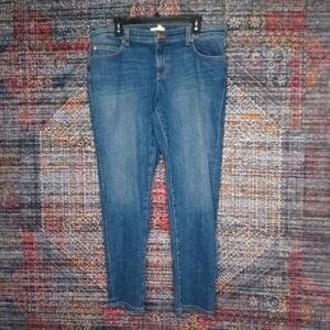 Eileen Fisher women dark distressed stretch Organic slim straight jean 12x30 EUC